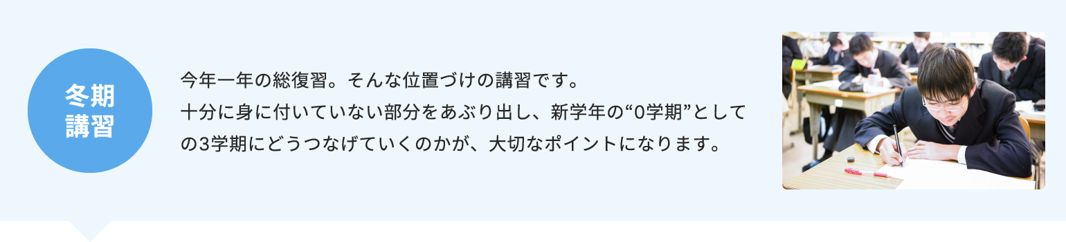 冬期講習 今年一年の総復習。そんな位置づけの講習です。十分に身に付いていない部分をあぶり出し、新学年の“0学期”としての3学期にどうつなげていくのかが、大切なポイントになります。